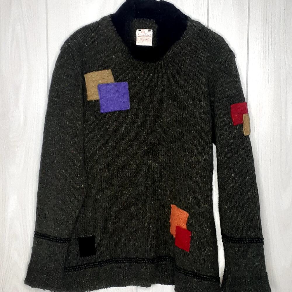 Roisin Dubh Donegal Patchwork Sweater Green Mock Neck Made in Ireland Size S